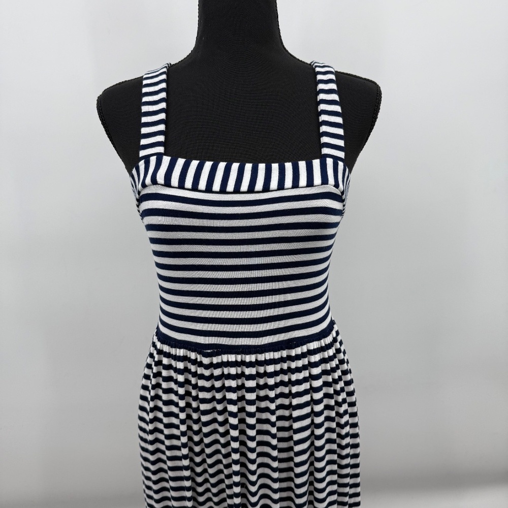 Loft Dress Women XS Petite White Blue Striped Sleeveless Long Coastal Nautical - Picture 2 of 11